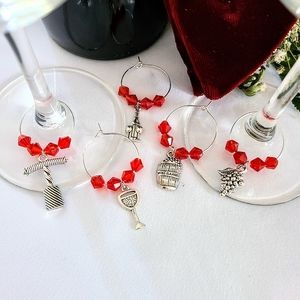 "Cocktail Night" Handmade Red Crystal & Tibetan Silver Charms Wine Glass Markers